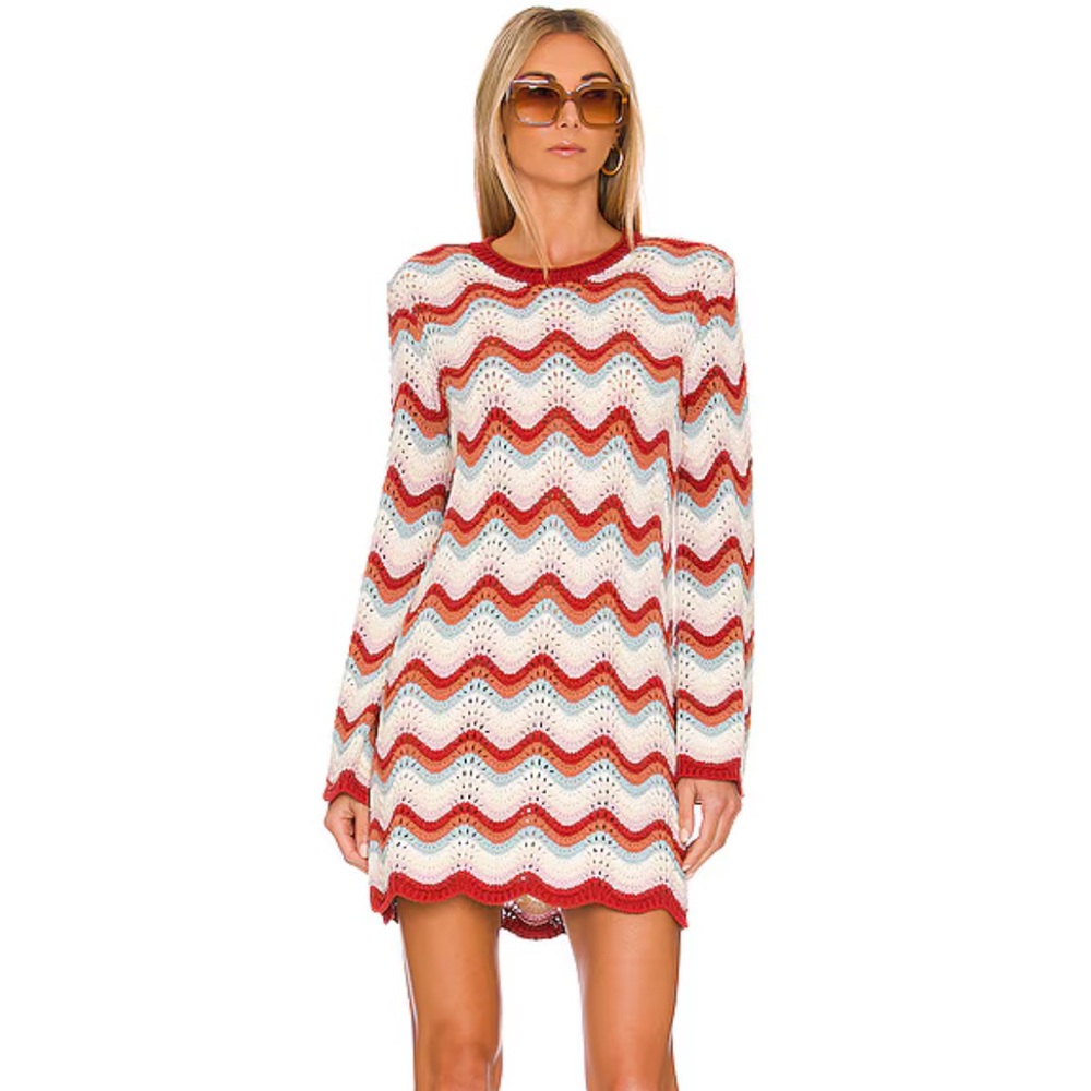 Crochet dress w lettuce trim & bell sleeves